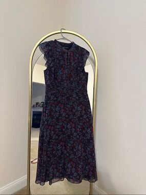 Banana Republic Burgundy Floral Midi Dress with Blue Accents
